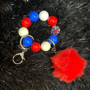 Colorful Beaded Keychain with Red Pom Pom